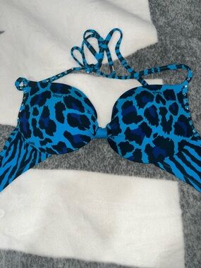 PINK Victoria's Secret Blue Leopard Print Push-Up Bikini Top
